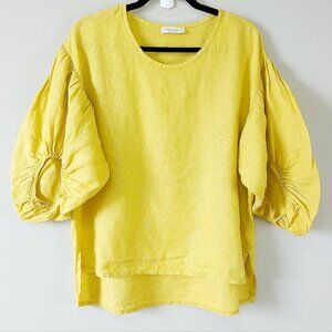 Bellambia Linen Peasant Top Small Yellow Airy Puff Balloon Sleeves Elastic Cuffs